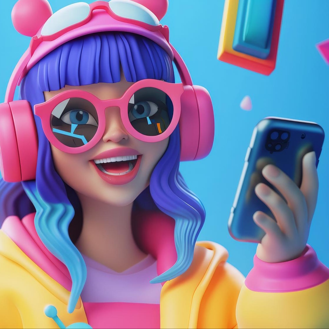 Una chica diseñada en 3D con dos teléfonos en las manos, auriculares y gafas de sol