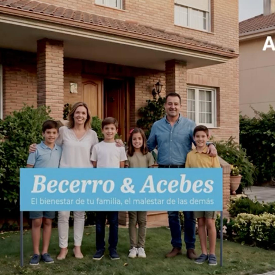 Una familia junto a un cartel y con un ambulancia de fondo