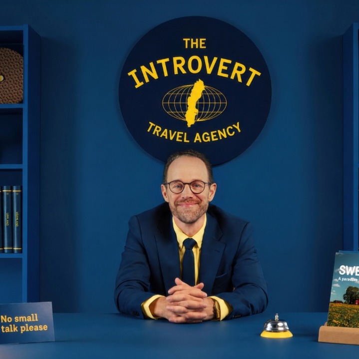 El chico de la agencia de viajes sentado en su escritorio