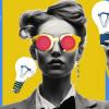 Collage ilustrado de una mujer con gafas y bombillas