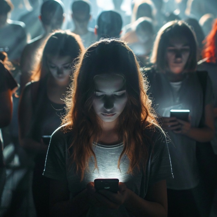 Muchas adolescentes mirando el móvil en un ambiente sombrío y lúgubre