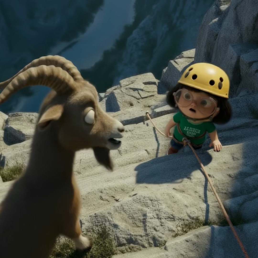Ilustración de una niña escalando una montaña