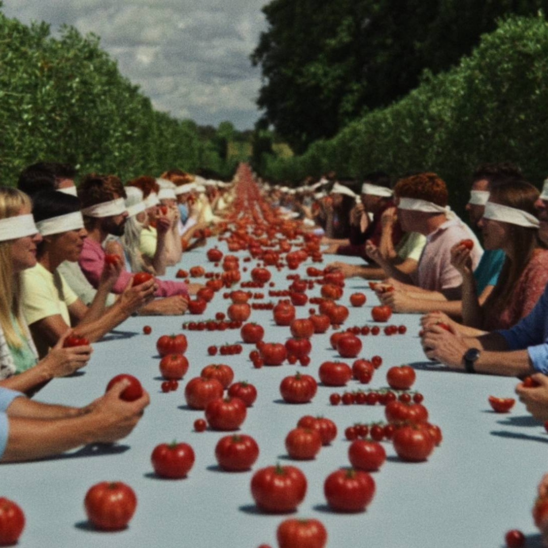 Varias personas sentadas a una mesa con los ojos vendados comiendo tomates