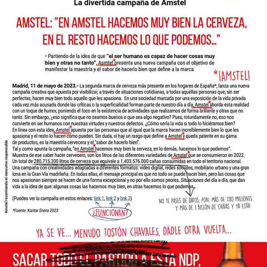 Una nota de prensa emborronada que quiere reflejar que a Amstel lo que se le da bien es la cerveza