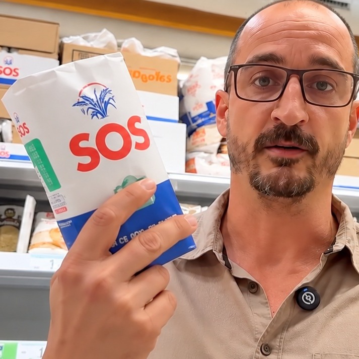 Un hombre en el supermercado con el paquete de SOS nuevo en la mano