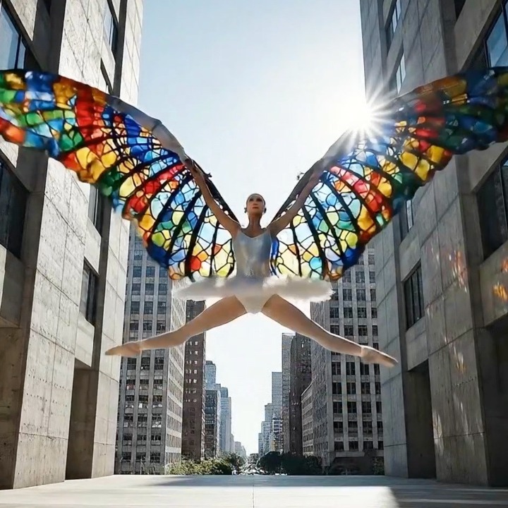 Una bailarina que salta y despliega unas alas de mariposa como si fueran una vidriera con colores