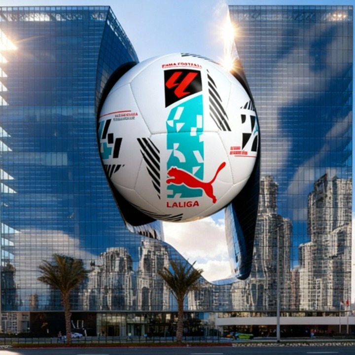 un balon gigante de la liga incrustado en un edificio con fachada de espejos