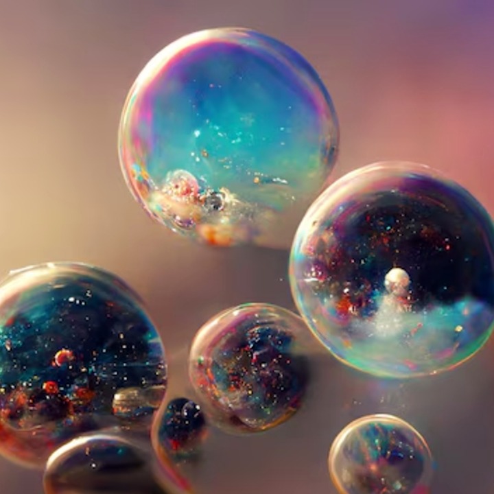 ocho bolas abstractas de colores flotando en un fondo de color