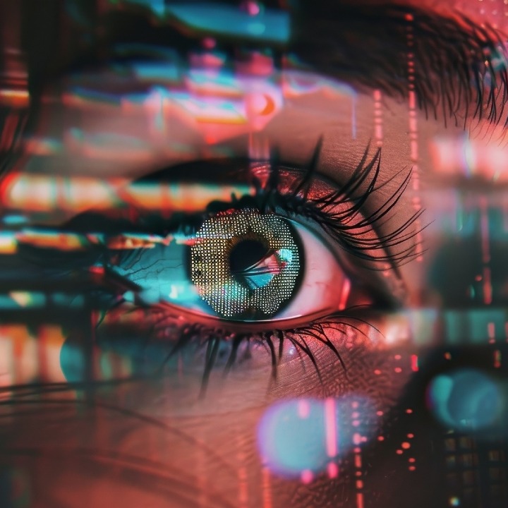 Un ojo de mujer rodeado de destellos de tecnología