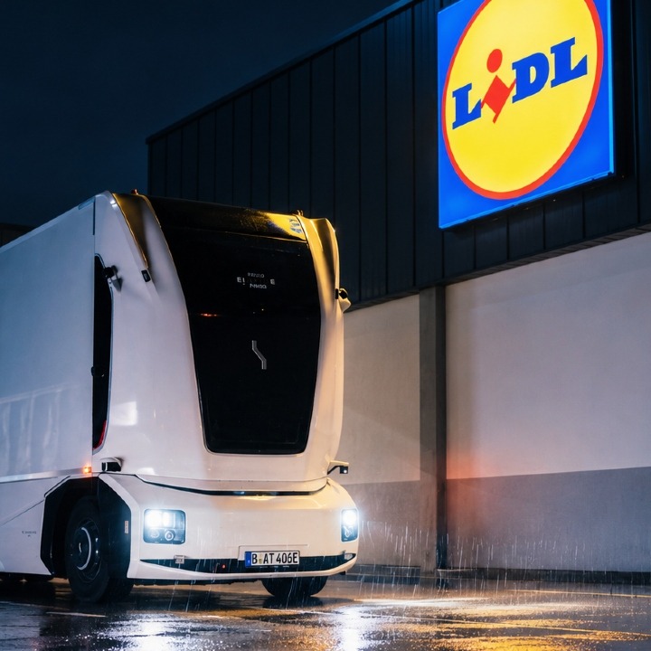 El camión autónomo saliendo de los almacenes de Lidl