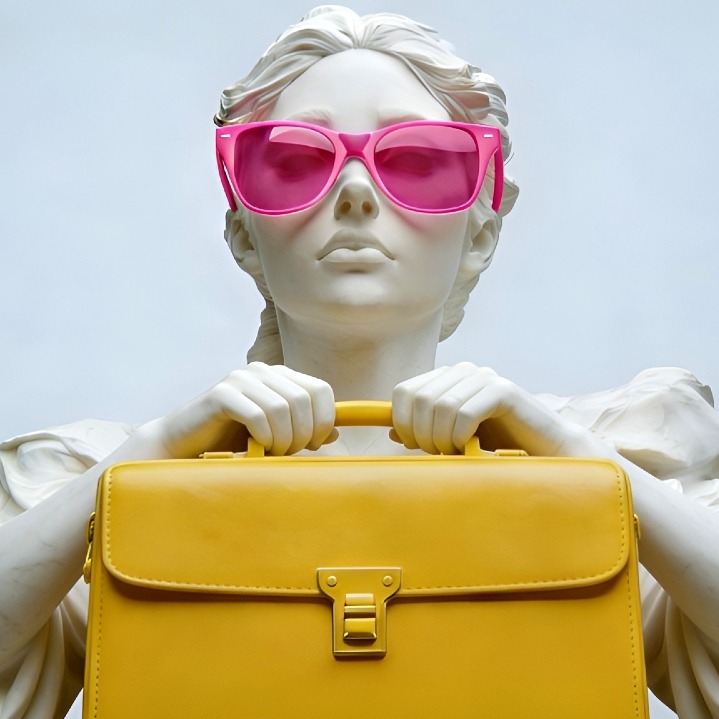 Una estatua de mujer con gafas de sol rosas sostiene una cartera amarilla
