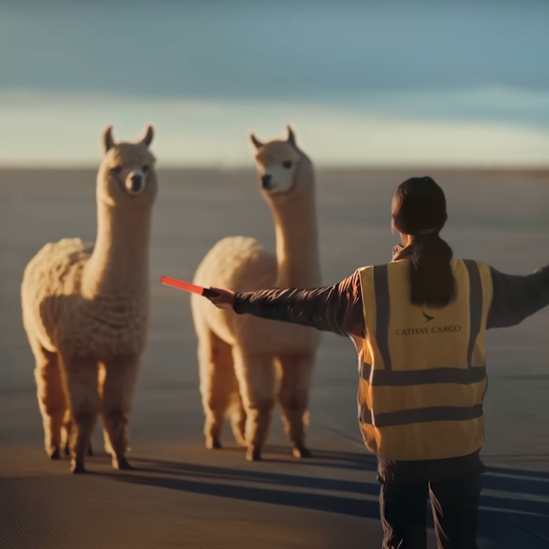 Una mujer dirigiendo a tres llamas en un aeropuerto