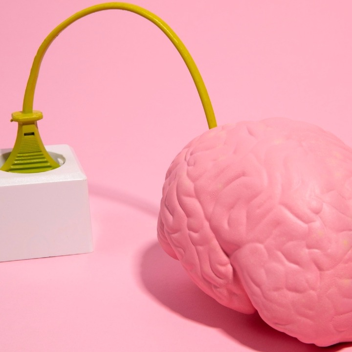 Imagen de un cerebro rosa enchufado a un enchufe