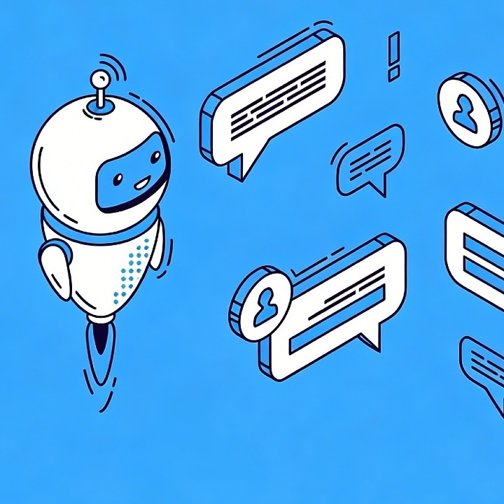 La ilustración en azul y blanco de dos robots teniendo una conversación con bocadillos de palabras y preguntas