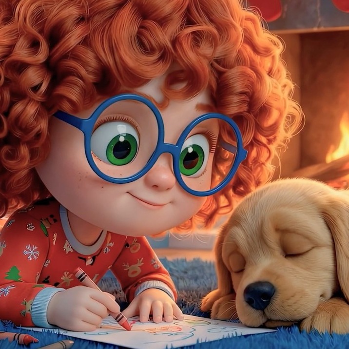 La protagonista del anuncio junto a la chimenea dibujando con su perro tumbado al lado