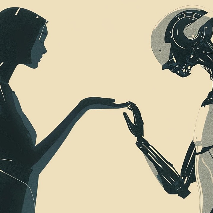 Las siluetas de perfil de una chica que da la mano a un robot