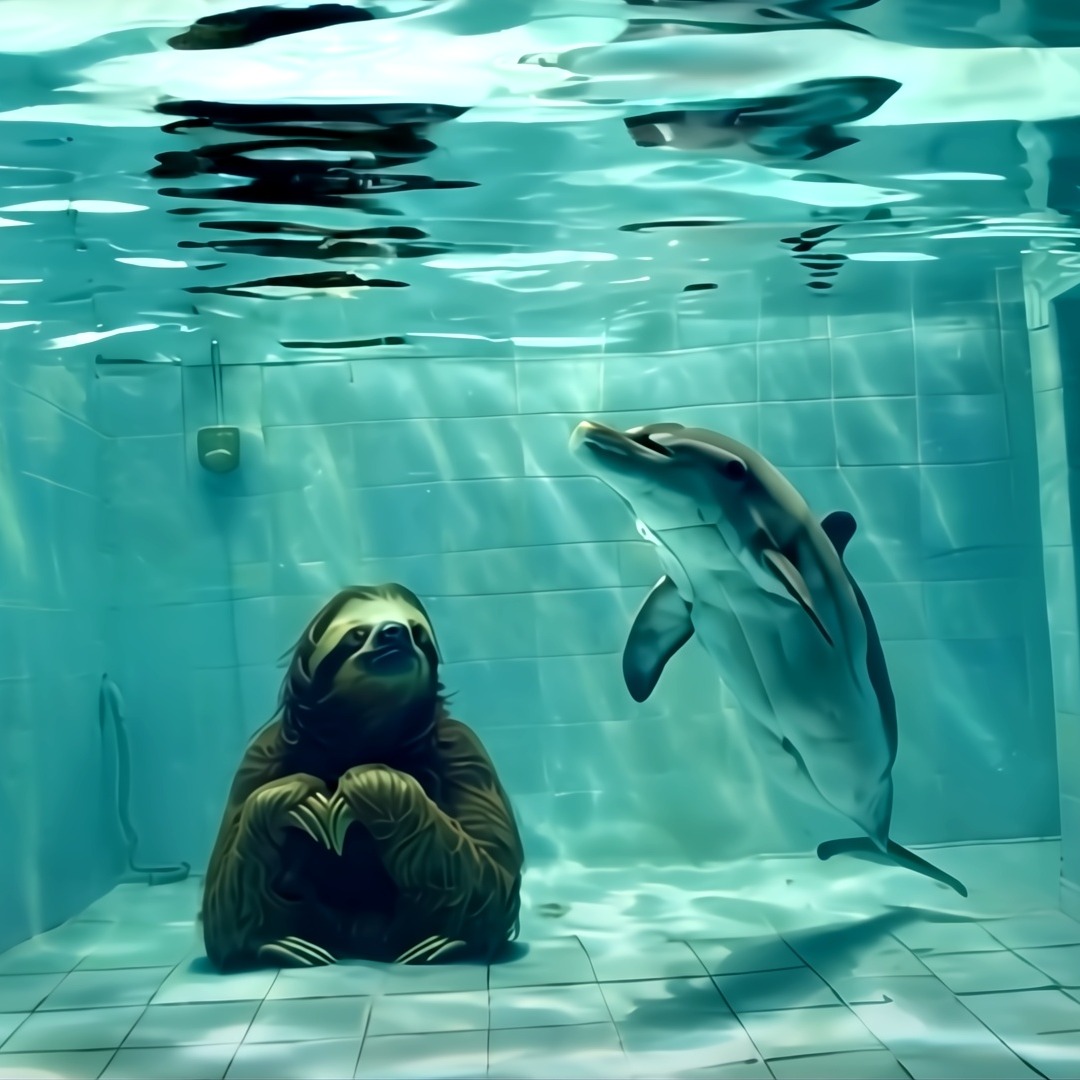 Un perezoso y un delfin en el fondo de una piscina, en una imagen generada con IA