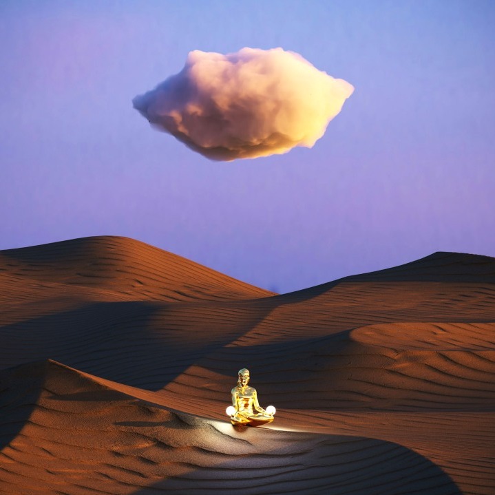 Estatua de una persona meditando en el desierto con una nube sobre su cabeza