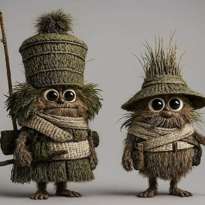 Dos criaturas de la película, hechas con palos y paja