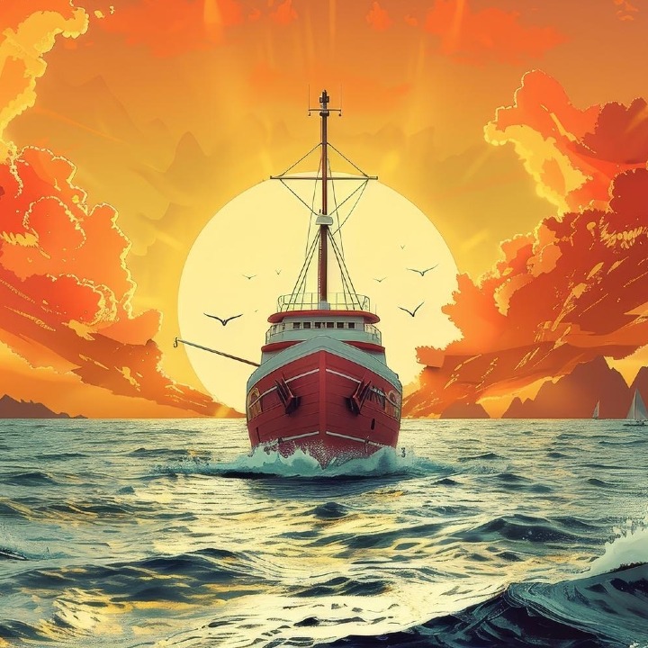 Un barco navegando a la deriva en el mar frente a un cielo naranja al atardecer