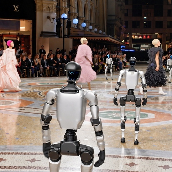 Dos robots destilando junto a las modelos