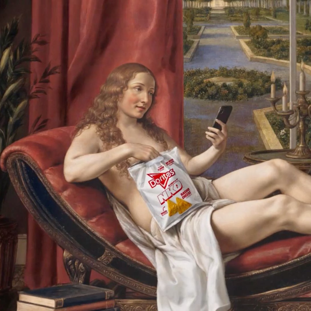 Pintura renacentista con bolsa de Doritos