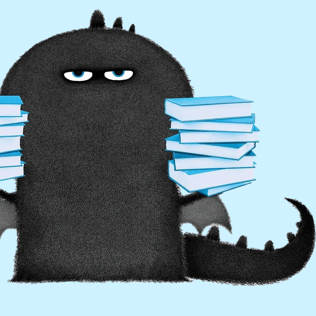 Un dibujo de un dragón negro que sujeta pilas de libros en cada mano