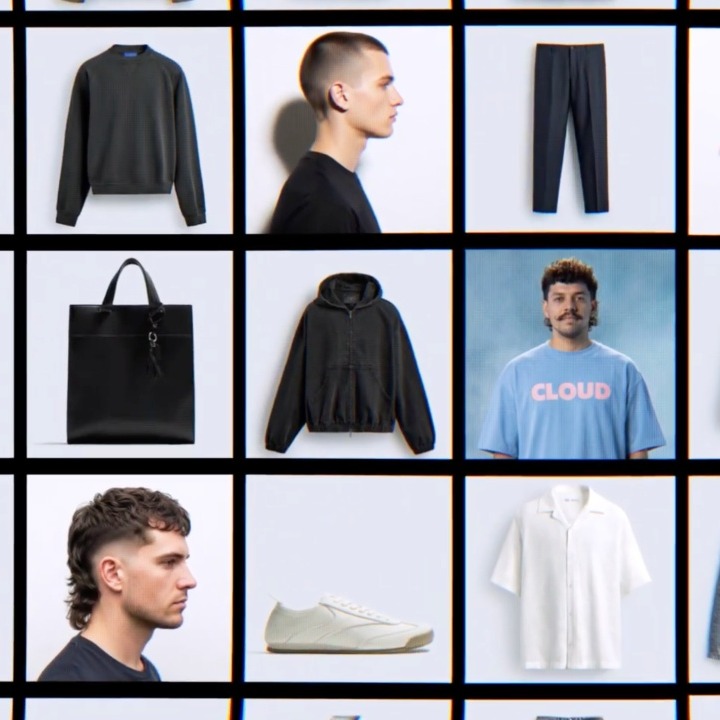 Una interfaz del e-commerce con prendas de ropa intercaladas con peinados de hombre