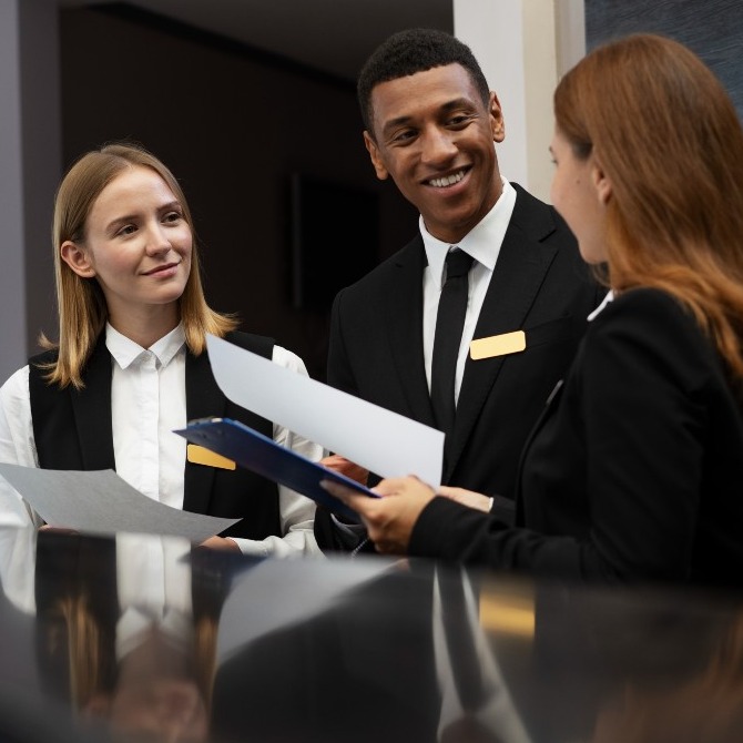 empleados en la recepción de un hotel