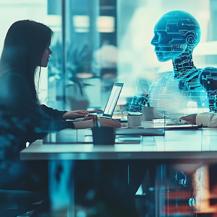 una mujer y un hombre reunidos en una sala con un robot