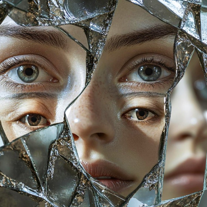 Los ojos y la boca de una chica reflejados en trozos de cristales