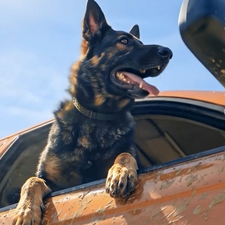 Un perro asomado por la ventanilla de un coche con barro
