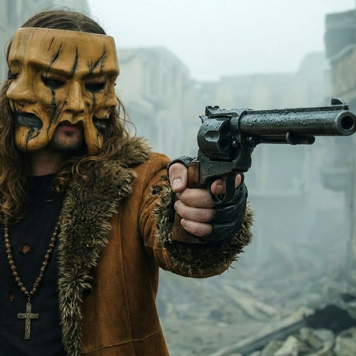 Un hombre con una pistola y una máscara de tres caras