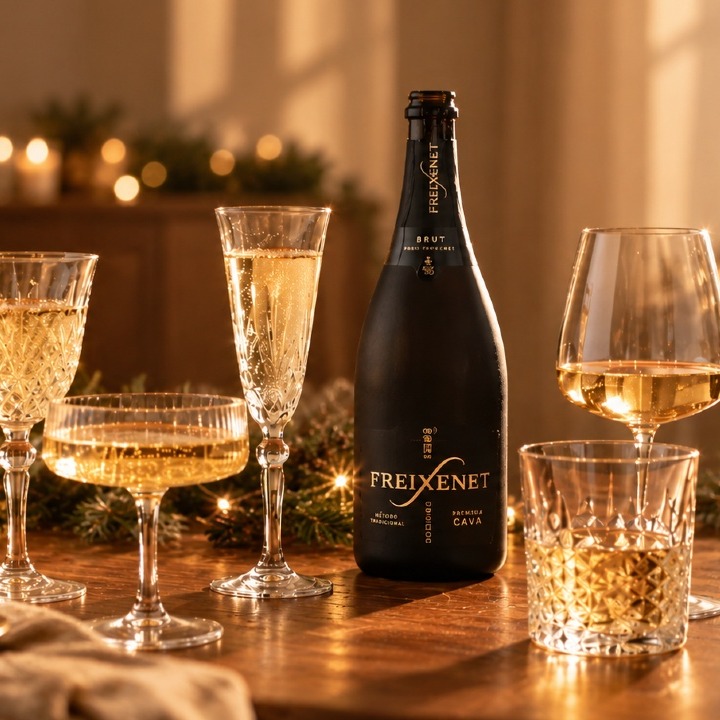 Un bodegón de mesa navideña con la botella de Freixenet negra y diferentes tipos de copas