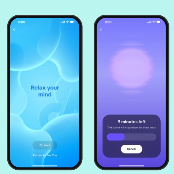 Interfaz de tiktok en varios smartphones mostrando las funciones de relax, respiración y afirmaciones positivas