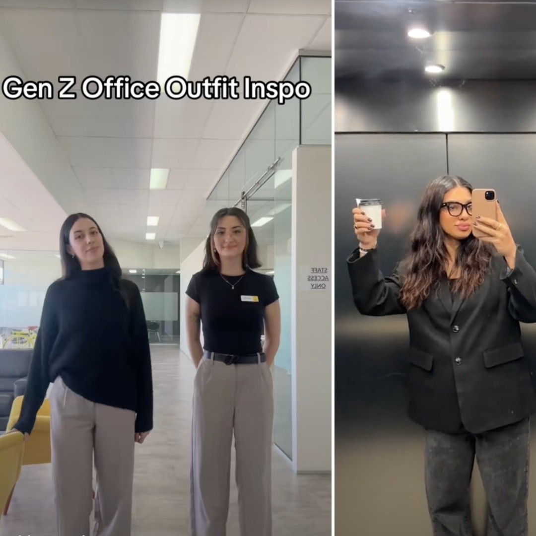 Chicas jovenes mostrando sus atuendos para trabajar en la oficina