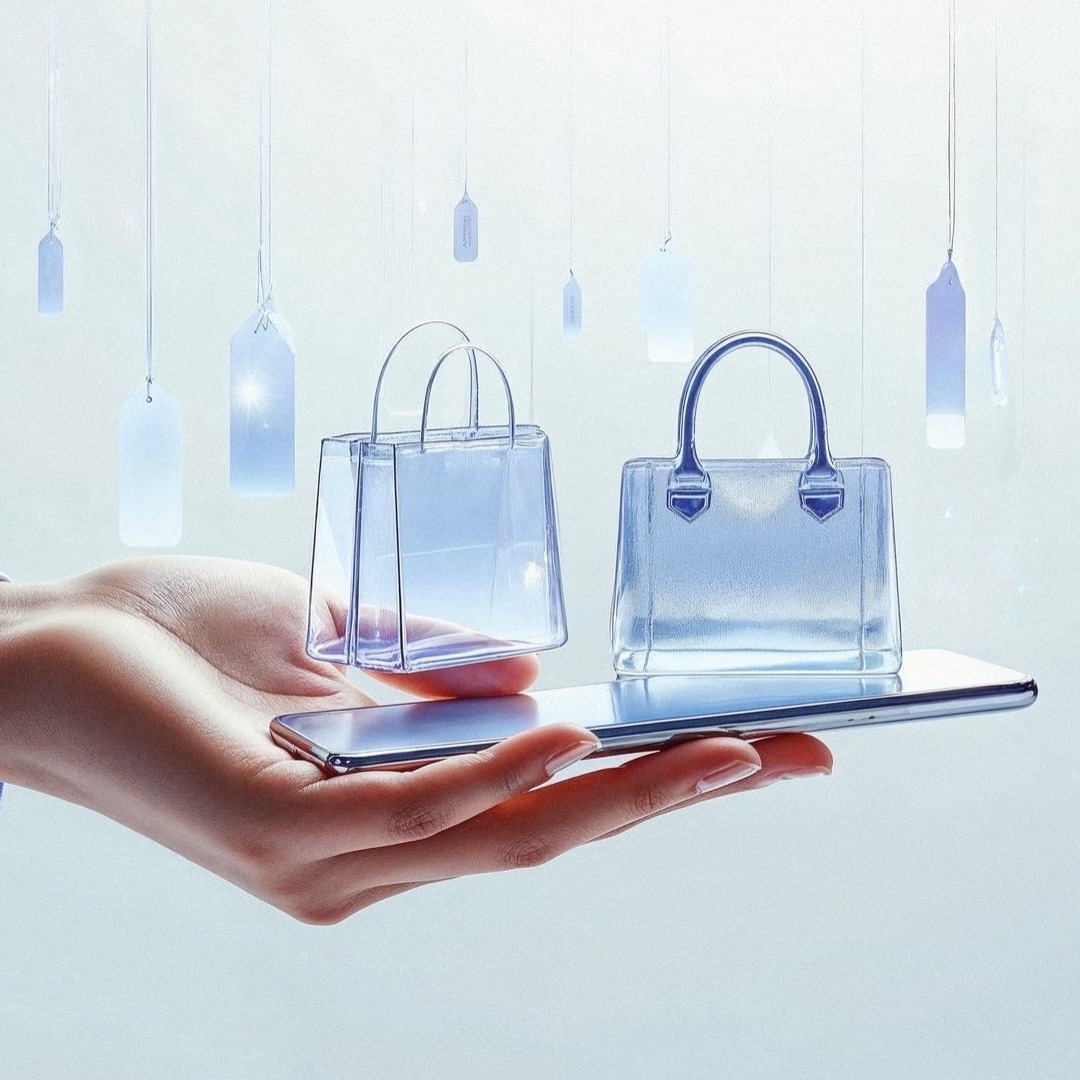 Un mano sujetando un móvil sobre el que hay dos bolsos