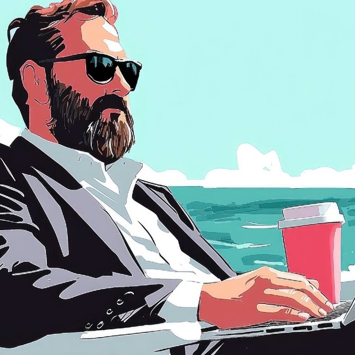 Ilustración de un hombre en traje trabajando con el portátil en la playa