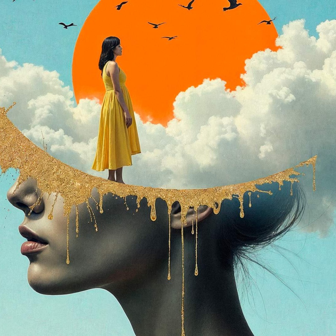 Collage crativo de una mujer ante un fondo de nubes