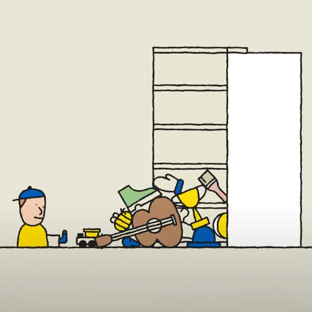 Ilustración minimalista de un niño ordenando su habitacion