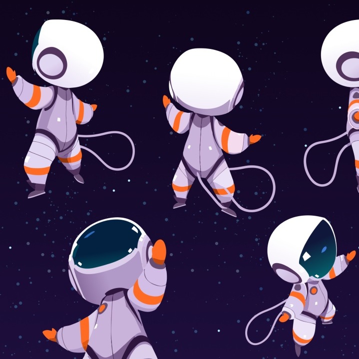 Astronautas en ilustración 3D flotando en el espacio desde diferentes ángulos