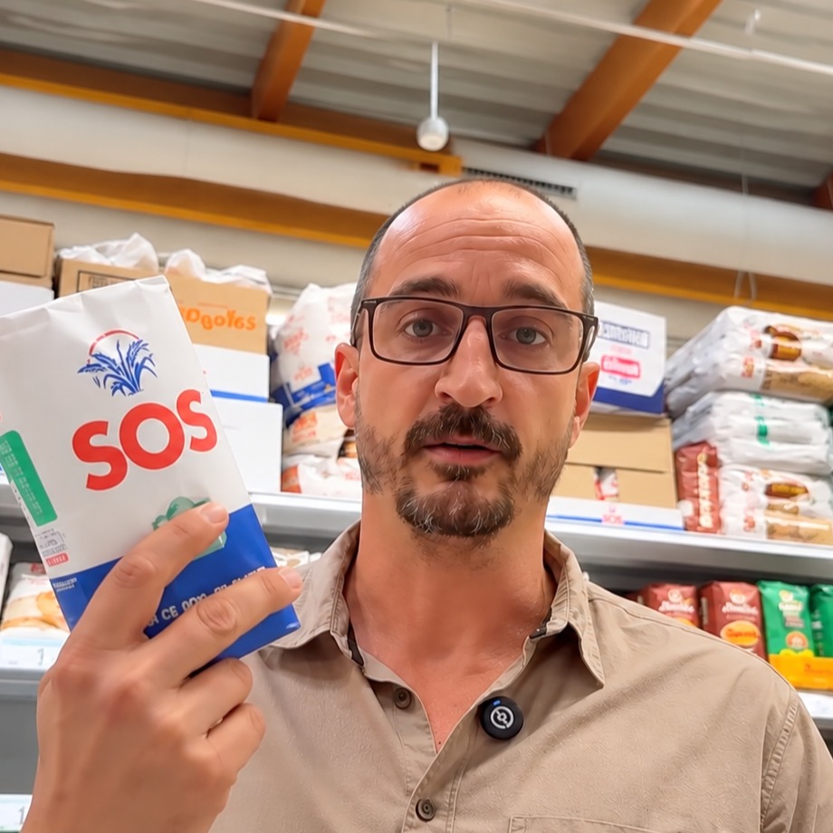 Un hombre en el supermercado con el paquete de SOS nuevo en la mano