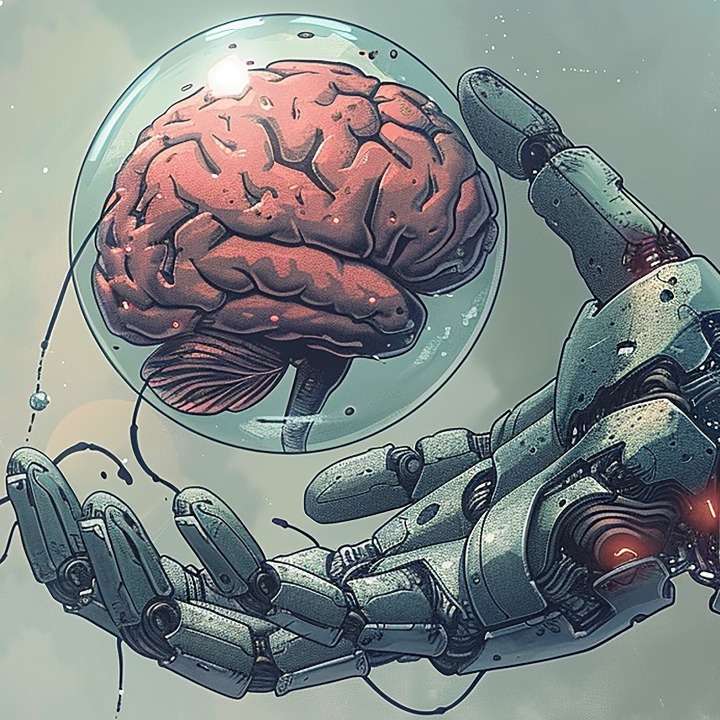 Una mano robótica que coge un cerebro humano metido dentro de una bola transparente