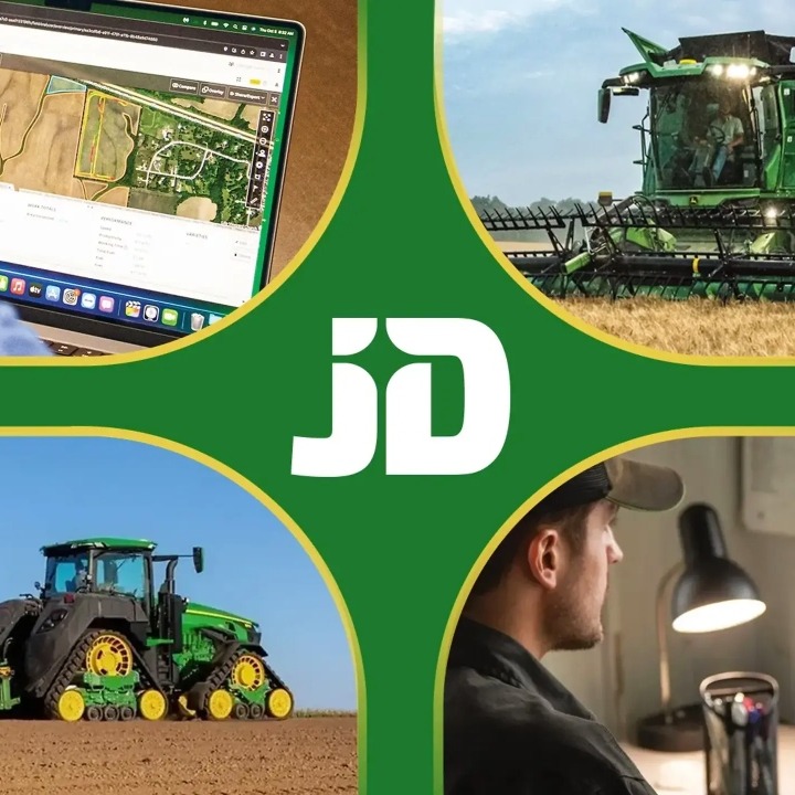 Varias escenas de tractores de John Deere y personas mirando ordenadores con mandos de control