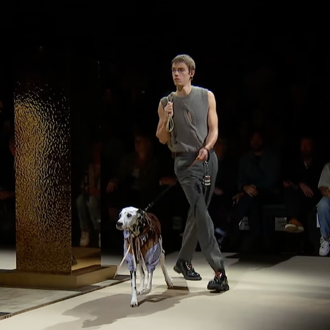Modelo desfilando en la pasarela con un perro