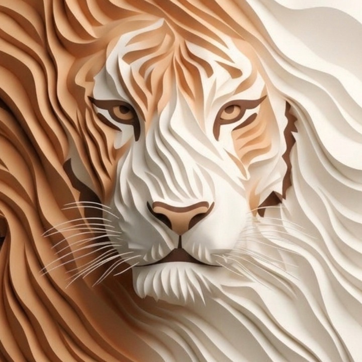 Un león dibujado con ondas marrones y blancas de estilo artístico