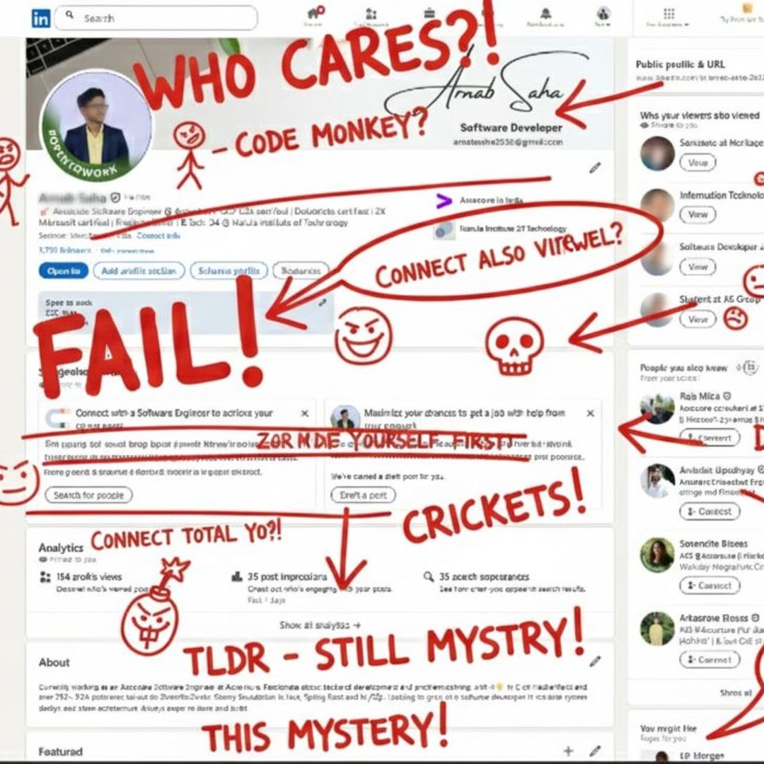 Perfil de LinkedIn lleno de garabatos rojos