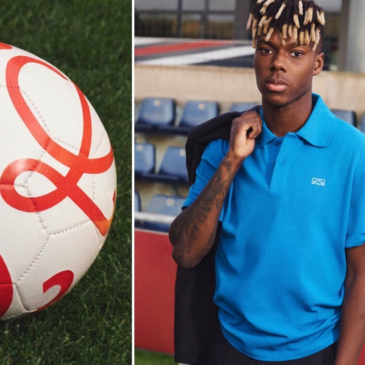 Un balón tematizado por Loewe junto a una imagen de Nico Williams vestido con un traje de la marca