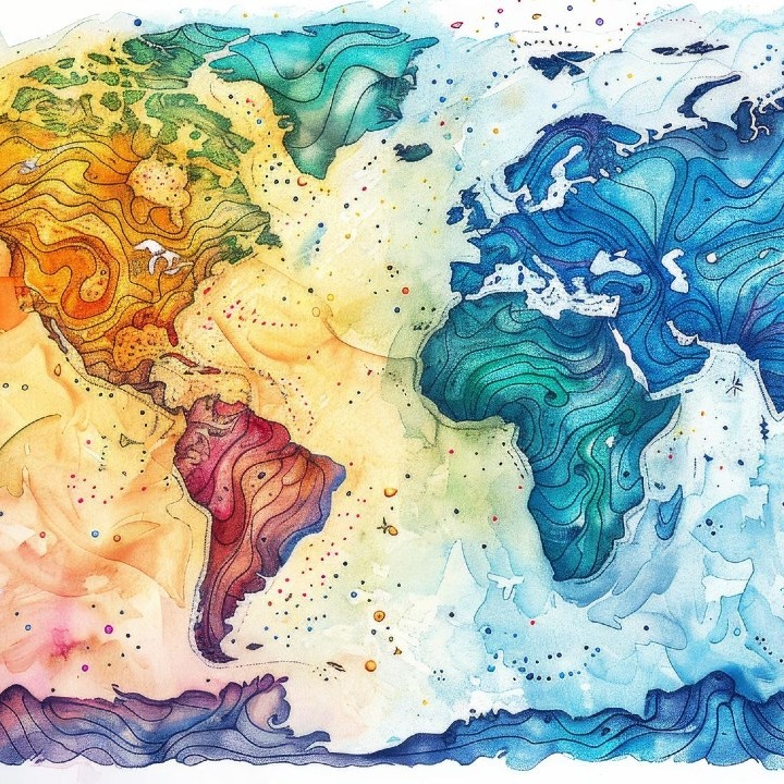 Un mapa mundi estilo acuarela con colores para las diferentes regiones del mundo