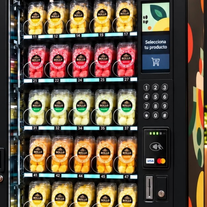 Una máquina de vending con botes de fruta cortada